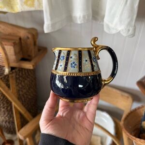 Antique Hand Painted Blue and Gold Creamer